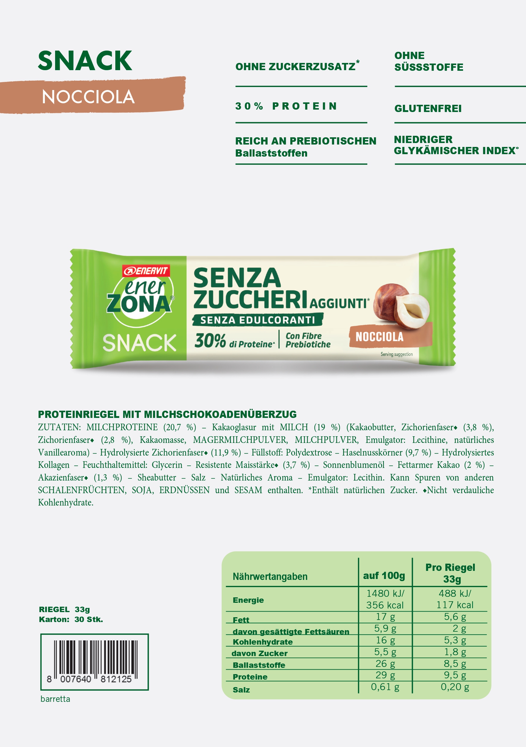 Produktbild ENERZONA Snack Haselnuss, 30 x 33 g